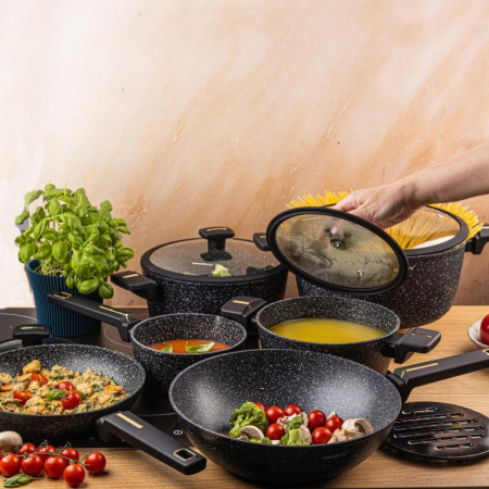 Set vase gatit 12 piese din aluminiu turnat cu coating marmura antiaderent si capace sticla (KB-7968) [9]