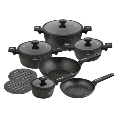 Set vase gatit 12 piese din aluminiu turnat cu coating marmura antiaderent si capace sticla (KB-7968) [4]