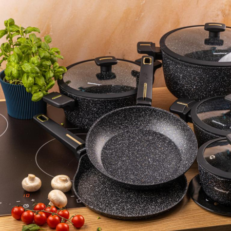 Set vase gatit 12 piese din aluminiu turnat cu coating marmura antiaderent si capace sticla (KB-7968) [11]