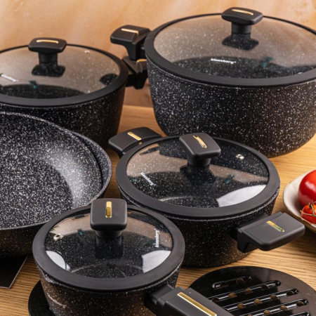 Set vase gatit 12 piese din aluminiu turnat cu coating marmura antiaderent si capace sticla (KB-7968) [5]