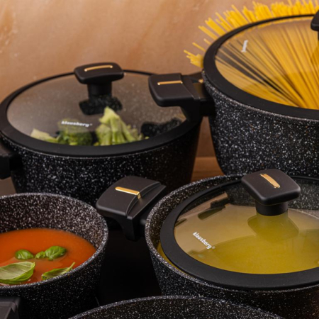 Set vase gatit 12 piese din aluminiu turnat cu coating marmura antiaderent si capace sticla (KB-7968) [3]