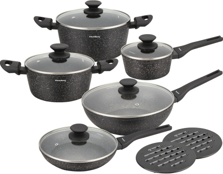 Seturi vase gatit - Set vase pentru gatit cu invelis antiaderent din marmura, 12 piese, 4 oale, 2 tigai, 5 capace si suporturi termorezistente (KB-7657)