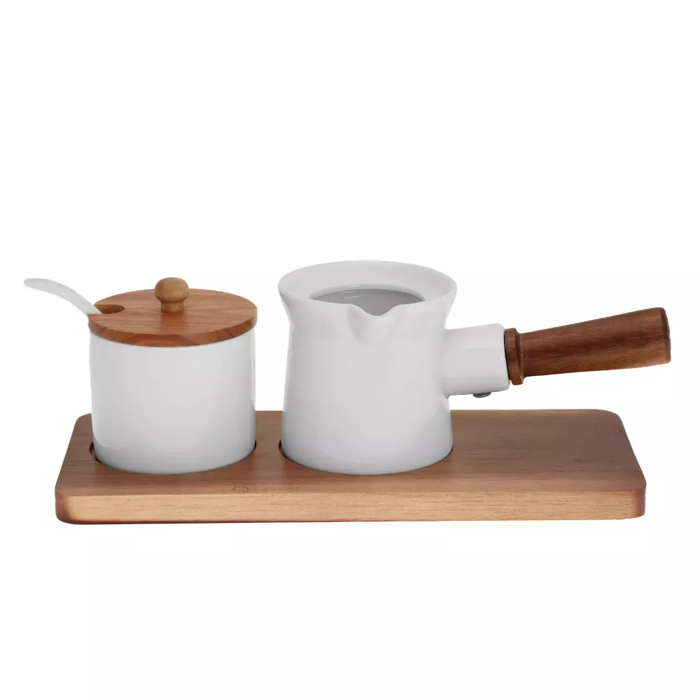Accesorii cafea - Set zaharnita si ulcior pentru lapte din portelan cu suport din lemn de salcam (93559)