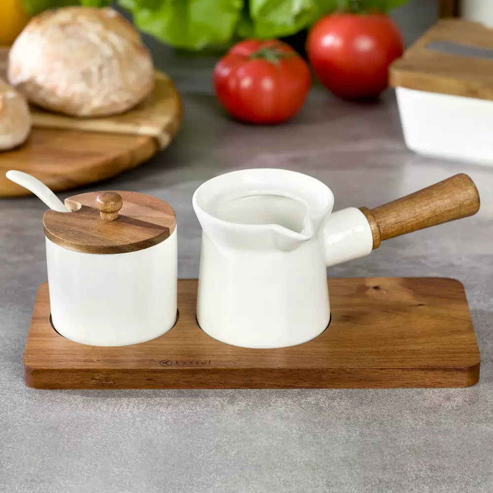 Set zaharnita si ulcior pentru lapte din portelan cu suport din lemn de salcam (93559) [4]