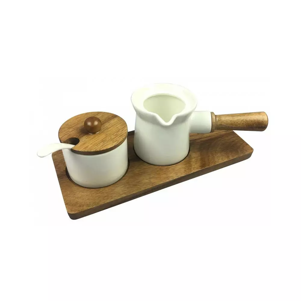 Set zaharnita si ulcior pentru lapte din portelan cu suport din lemn de salcam (93559) [3]