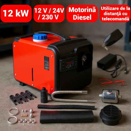 Incalzitoare arzatoare electrice / gaz / combustibil - Sirocou webasto incalzitor stationar portabil 12-24 230V 12kW display LCD telecomanda (BX-DH12KW)