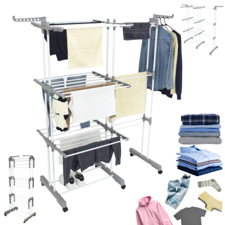 Altele - Suport pliabil pentru uscare rufe, 3 niveluri, extensibil, cu 6 roti (KH-2044)