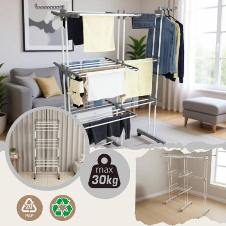 Suport pliabil pentru uscare rufe, 3 niveluri, extensibil, cu 6 roti (KH-2044) [7]