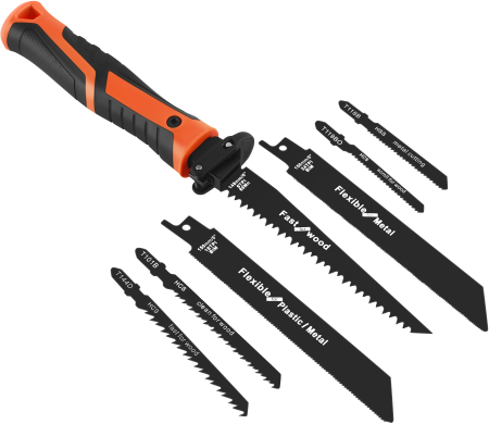 Scule pentru lemn - Suport universal pentru lame de ferastrau + 7 lame incluse, set 8 piese (KD11275)