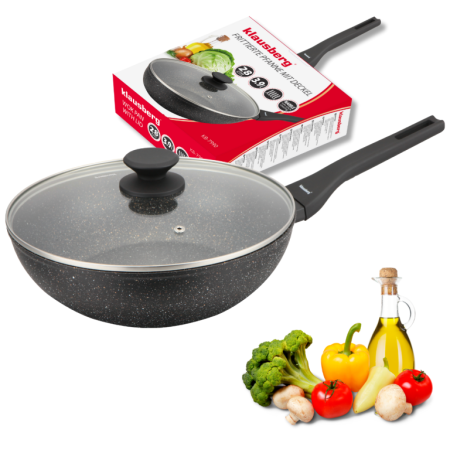 Tigai - Tigaie wok 28 cm 3.9L cu capac din sticla si coating marmura antiaderent (KB-7990)