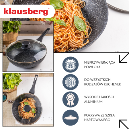 Tigaie wok 28 cm 3.9L cu capac din sticla si coating marmura antiaderent (KB-7990) [1]