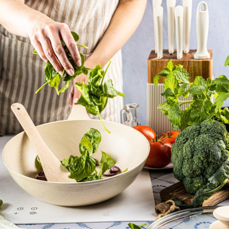 Tigaie wok 28 cm 3.9L cu capac sticla si coating marmura antiaderent culoare crem (KB-7991) [11]