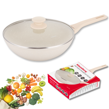 Tigai - Tigaie wok 28 cm 3.9L cu capac sticla si coating marmura antiaderent culoare crem (KB-7991)