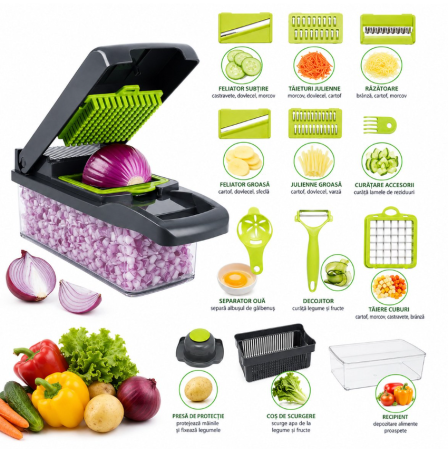 Casa - Tocator de legume multifunctional 12 in 1, cu 8 lame inox si recipient colectare  (AAA346)