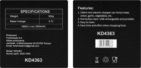 Tocator electric fara fir 150 ml cu 3 lame din inox si acumulator 2500 mAh (KD4363) [11]