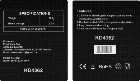 Tocator electric fara fir pentru carne si legume 230 ml, 3 lame din inox, acumulator 2500 mAh (KD4362) [12]