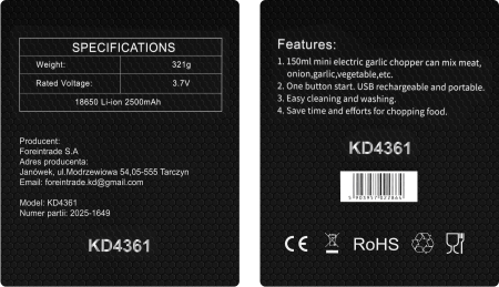 Tocator fara fir 150 ml cu 3 lame din inox si acumulator 2500 mAh (KD4361) [11]
