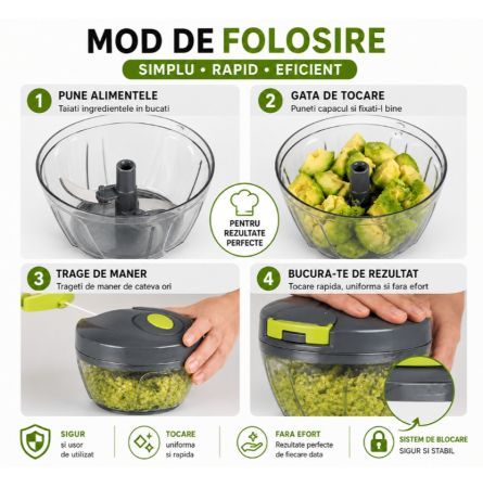 Tocator manual de legume cu sfoara, 500 ml, 3 lame din inox (AAA347) [9]