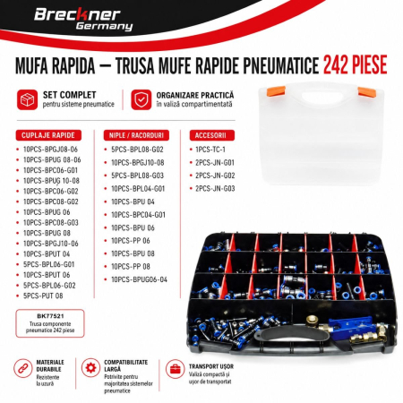 Trusa 242 piese pentru furtunuri pneumatice cu cleste taiat furtun si cuple rapide DISEU05 (BK77521) [2]