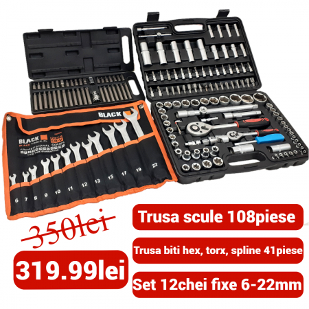 Pachete promotionale - BlackFriday Trusa chei scule 108 piese + set chei 12 piese 6-22mm + set biti 41 piese (B109 + 16009 + KD10219)