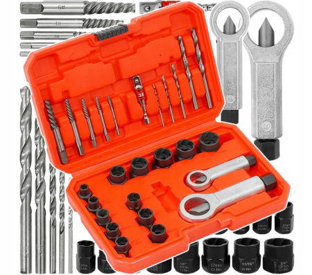 Produse noi (necategorizate) - Trusa complet extras suruburi rupte burghie extractoare cu filet invers spart piulite deteriorate 26piese (V86486)
