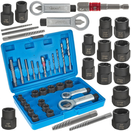 Extras suruburi piulite - Trusa complet extras suruburi rupte burghie extractoare cu filet invers spart piulite deteriorate 6-19mm 26piese (G30036)