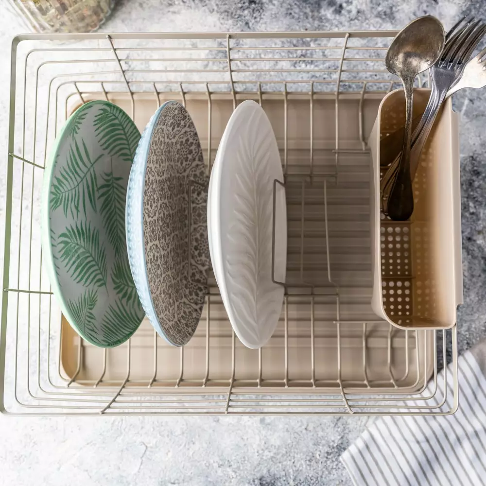 Uscator vase din metal si plastic cu tava si suport tacamuri bej (KH-1838) [4]