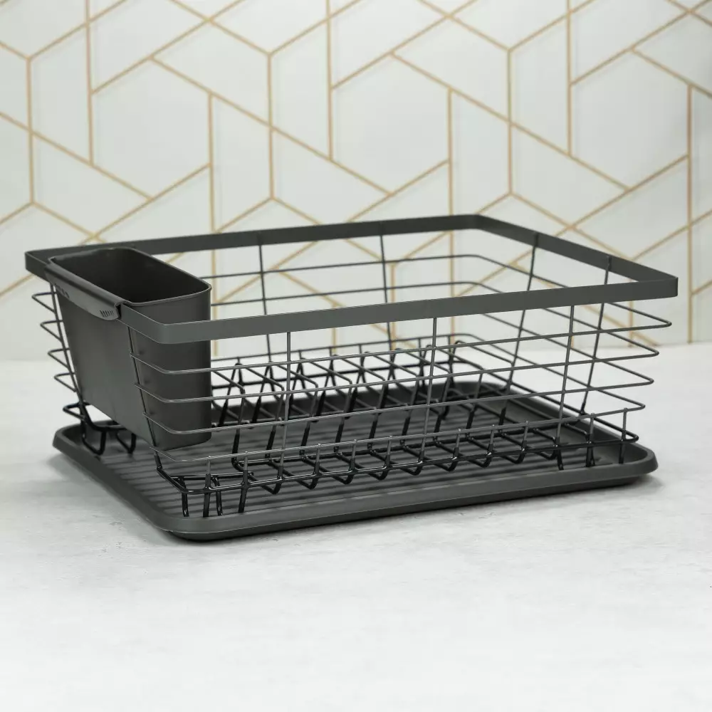 Depozitare si organizare - Uscator vase din metal si plastic cu tava si suport tacamuri gri (KH-1715)
