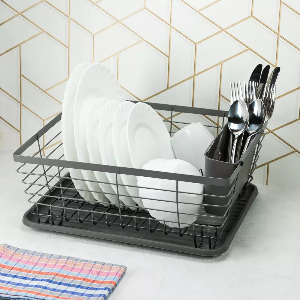 Uscator vase din metal si plastic cu tava si suport tacamuri gri (KH-1715) [1]