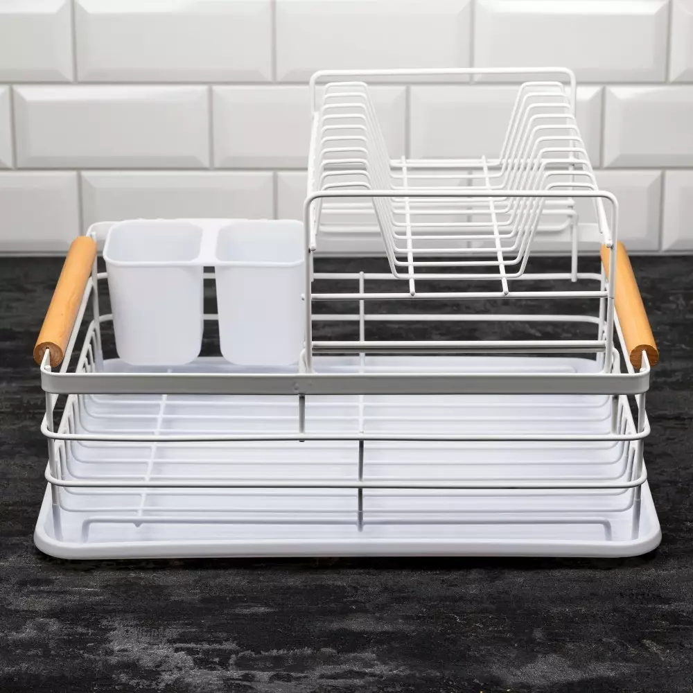 Depozitare si organizare - Uscator vase etajat din metal si plastic cu manere lemn alb (KH-1798)