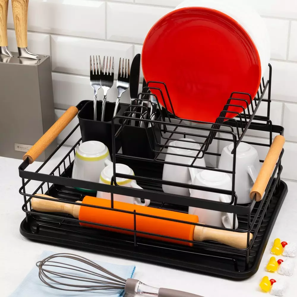 Uscator vase etajat din metal si plastic cu manere lemn negru (KH-1796) [2]