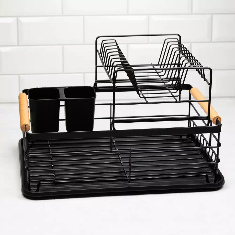 Depozitare si organizare - Uscator vase etajat din metal si plastic cu manere lemn negru (KH-1796)
