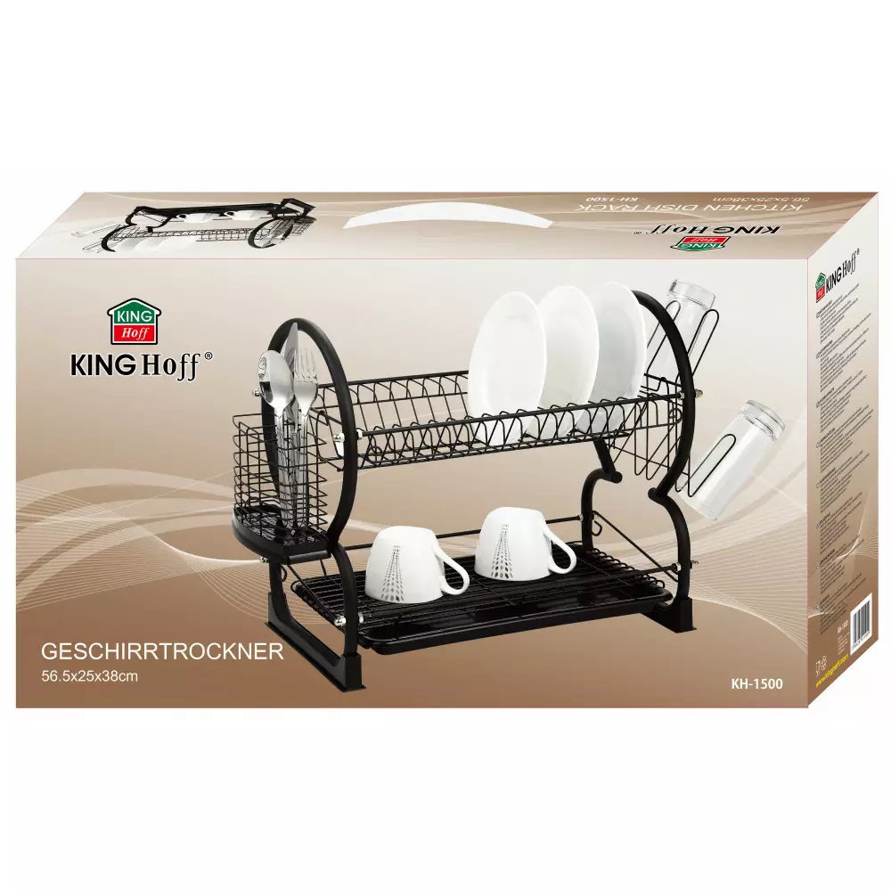 Uscator vase metalic cu doua niveluri tava si suport tacamuri negru (KH-1500) [4]