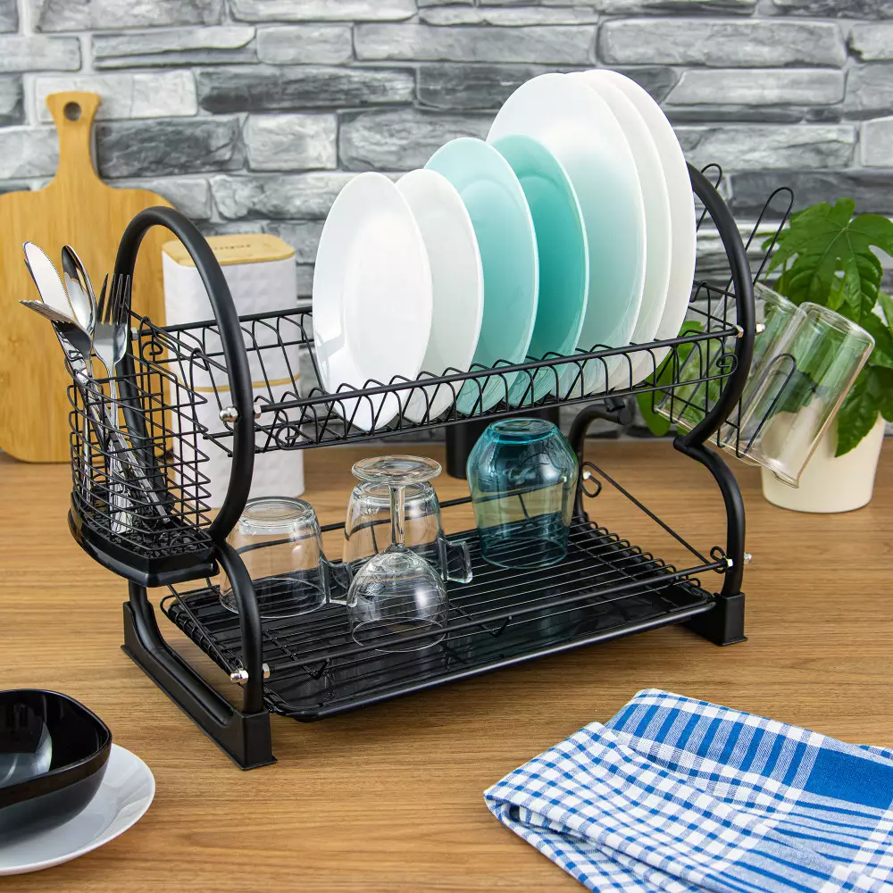 Uscator vase metalic cu doua niveluri tava si suport tacamuri negru (KH-1500) [3]