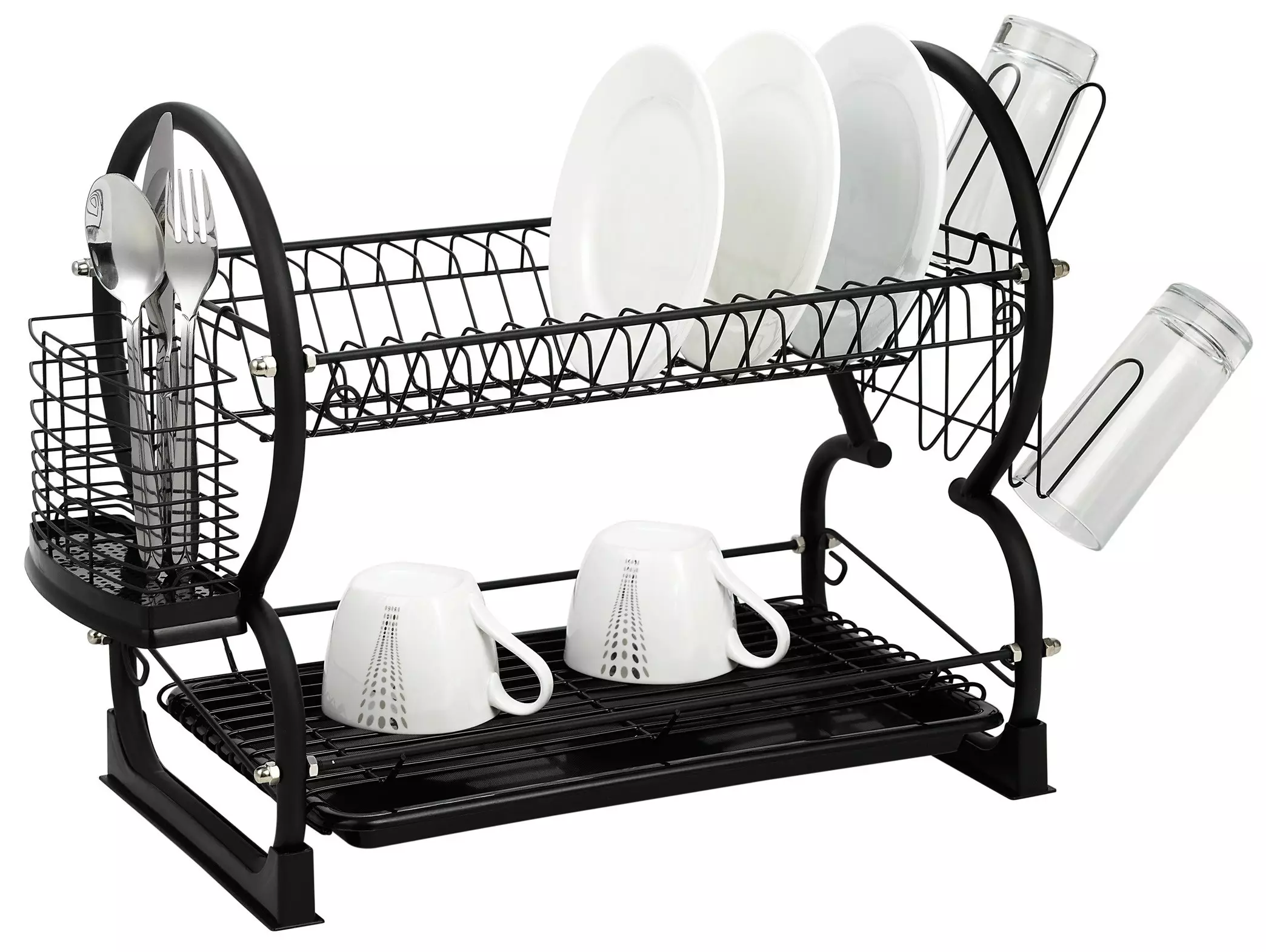 Uscator vase metalic cu doua niveluri tava si suport tacamuri negru (KH-1500) [2]