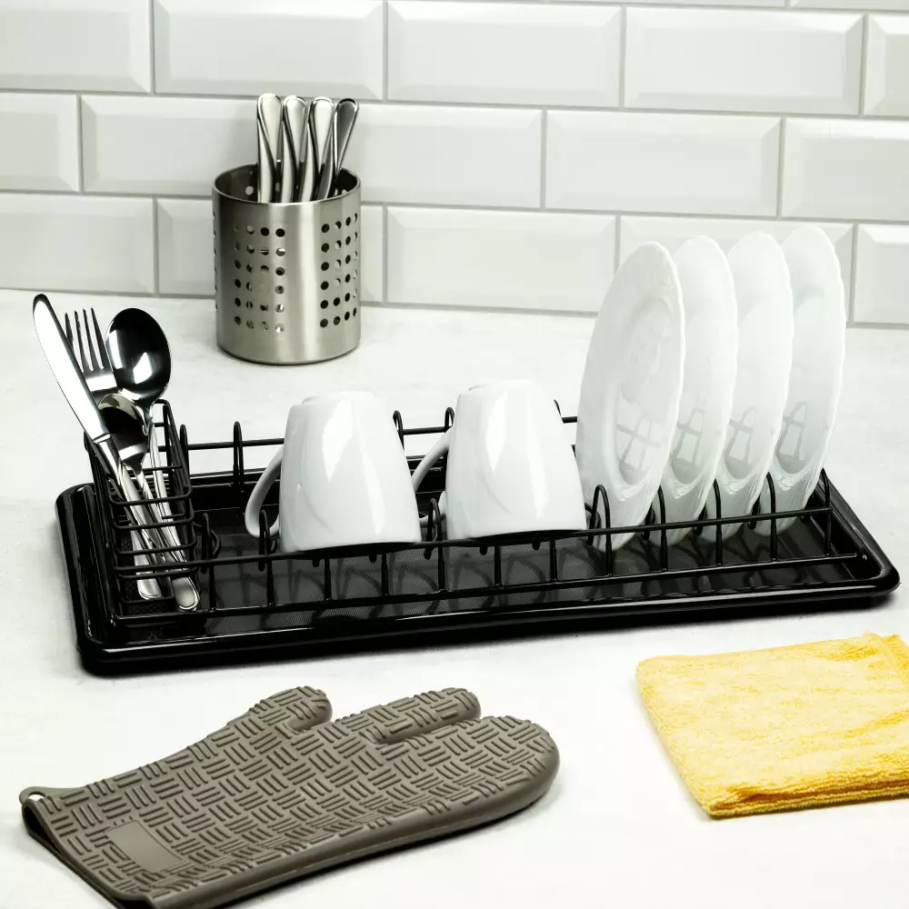 Uscator vase metalic cu protectie moale si tava scurgere negru (KH-1479) [2]