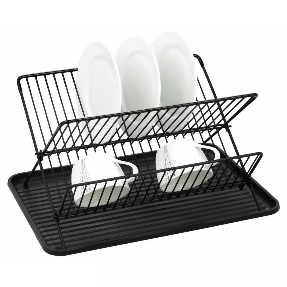Uscator vase metalic cu tava si suport tacamuri negru cu doua niveluri (KH-1356) [2]