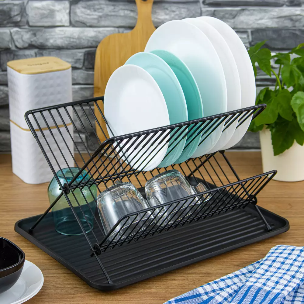 Uscator vase metalic cu tava si suport tacamuri negru cu doua niveluri (KH-1356) [5]