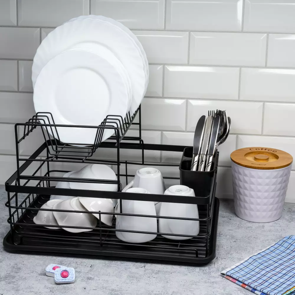 Uscator vase supraetajat din otel si plastic cu doua niveluri negru (KH-1716) [1]