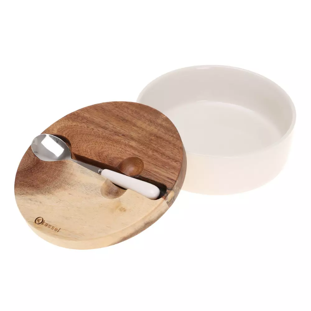 Accesorii cafea - Zaharnita portelan cu capac lemn salcam + lingurita otel inoxidabil (93557)