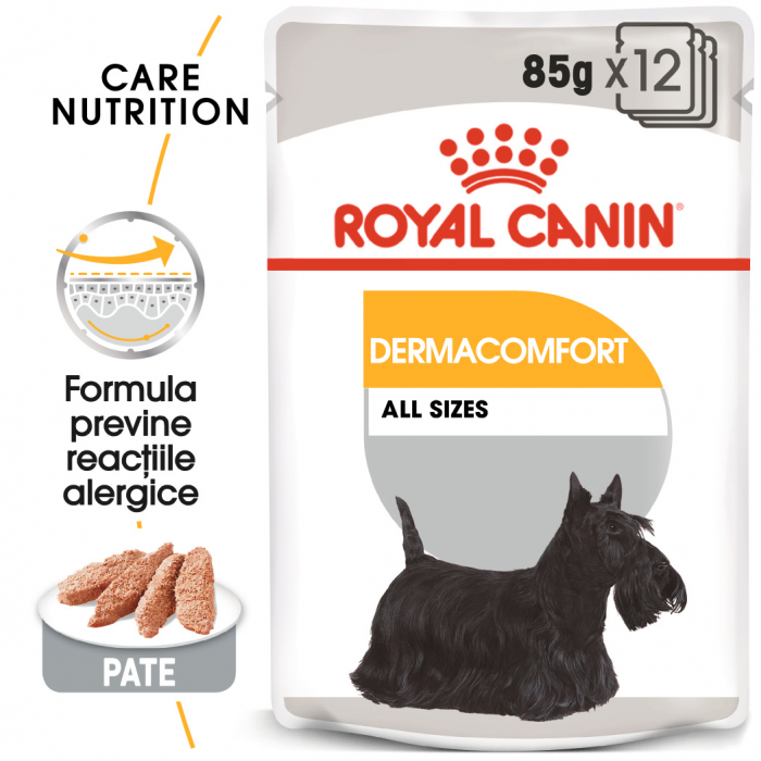 Royal Canin Dermacomfort Adult, bax hrană umedă câini, prevenirea iritațiilor pielii (pate), 12X85G [1]