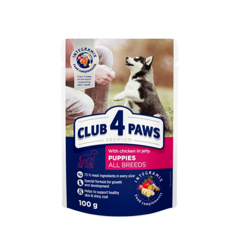 Mancare Umeda Junior - CLUB 4 PAWS Premium Junior, XS-XL, Pui, plic hrană umedă câini junior, (în aspic), 100g