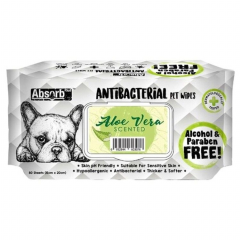 Pisici - Absorb Plus, Antibacterian Pet Wipes Aloe Vera, 80 buc