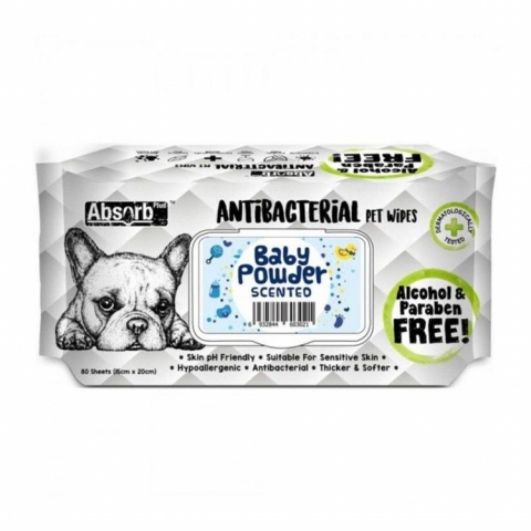 Pisici - Absorb Plus, Antibacterian Pet Wipes Baby Powder, 80 buc