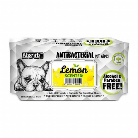 Pisici - Absorb Plus, Antibacterian Pet Wipes Lemon, 80 buc
