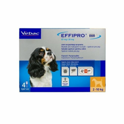 Caini - Effipro Duo Dog S 67 mg pipete antiparazitare caini talie mica (2 - 10 kg), 4 pipete