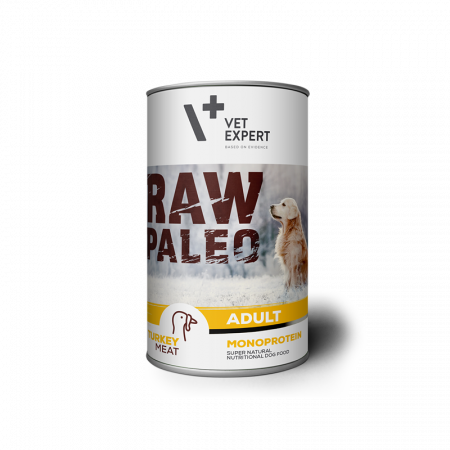 Mancare uscata - Hrana umeda pentru caini, RAW PALEO, adult, carne de curcan, conserva monoproteica, 400 g
