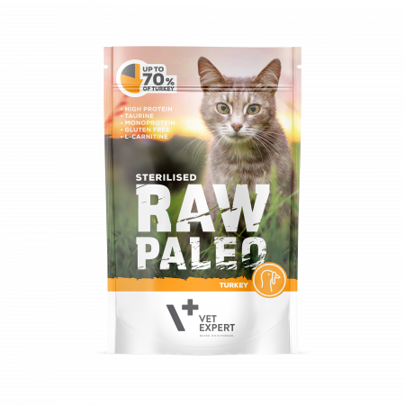 Mancare Umeda Pisici - Hrana umeda pentru pisici, RAW PALEO CAT, STERILISED, carne de curcan, 100 g
