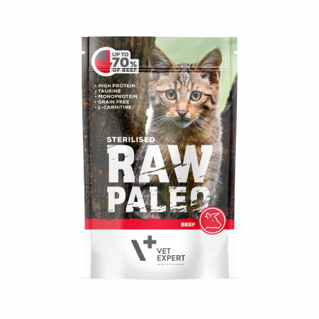 Mancare Umeda Pisici - Hrana umeda pentru pisici, RAW PALEO CAT, STERILISED, carne de vita, 100 g