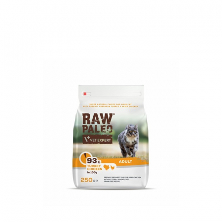 Mancare Uscata - Hrana uscata pentru pisici adulte, RAW PALEO, carne de curcan si pui,250 g